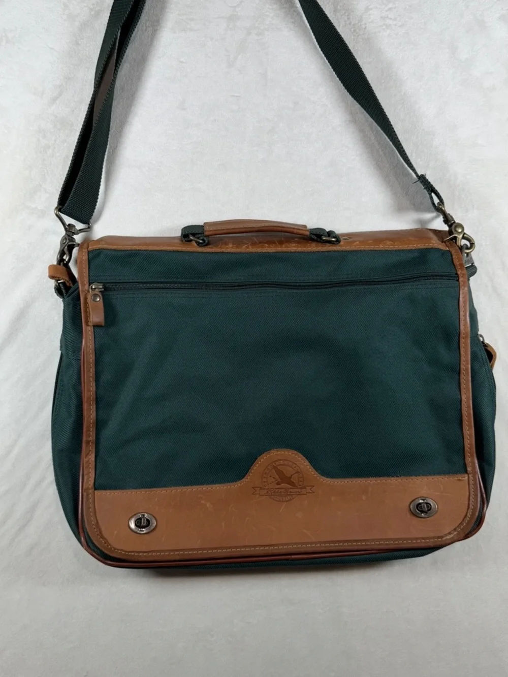 Eddie Bauer Dark Green Canvas Meather Messenger Laptop Bag Brown Leather Trim